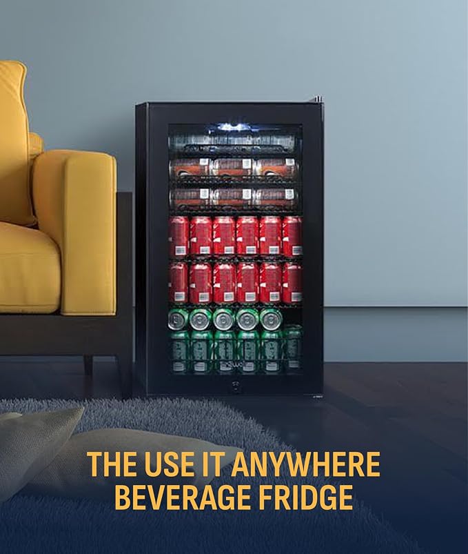 NewAir 126 Can Beverage Refrigerator | Freestanding Small Mini Fridge for Bedroom with Glass Door | Drink Cooler with Adjustable Shelves, Quiet Cooling & Locking Door | Black - Image 9