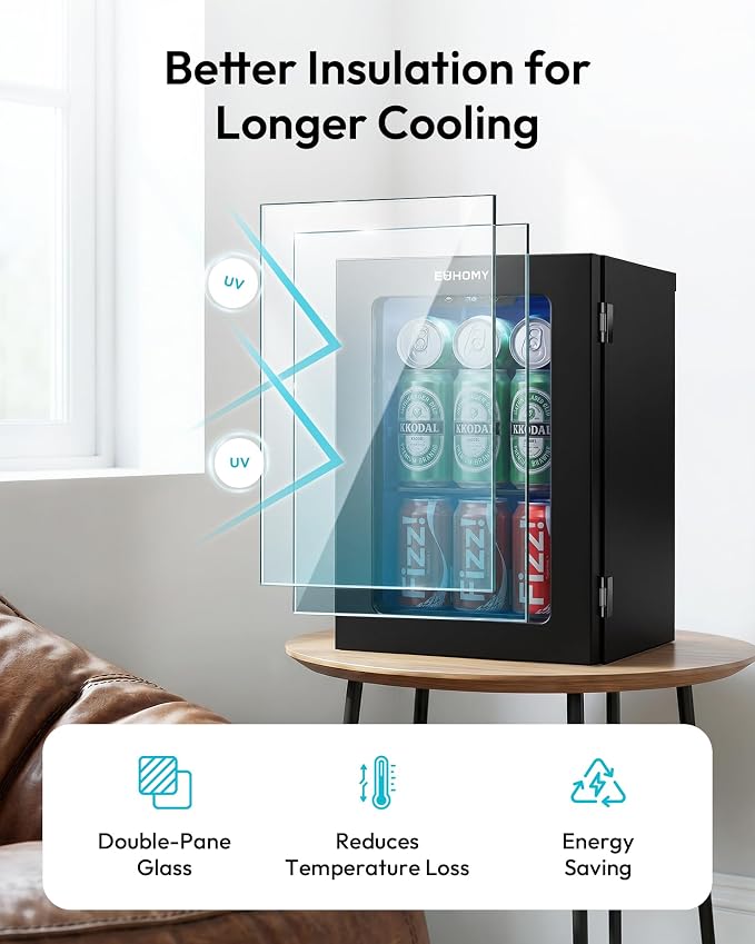EUHOMY 18L Beverage Refrigerator Cooler, 24 Cans Mini Fridge with Quiet Compressor, Countertop Small Fridge with 40°F-61°F Digital Temperature Control, LED Lgiht for Home, Bar, Office - Image 4
