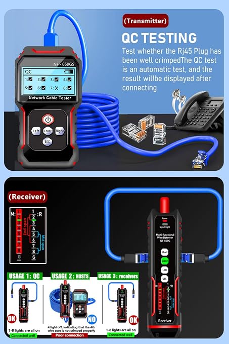 NF-859GS Network Cable Tester POE RJ45 RJ11 CAT5 CAT6 Cable Toner Continuity - Image 6