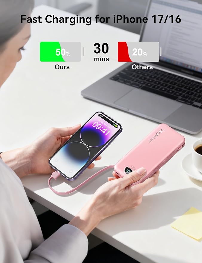 10000mAh Ultra-Portable-Charger-Power-Bank with Built in Cables&AC Wall Plug, PD20W USB-C Fast Charging Cell Phone Charger Battery Pack,LED Display Travel Battery Bank for All iPhone,Samsung,Android - Image 3