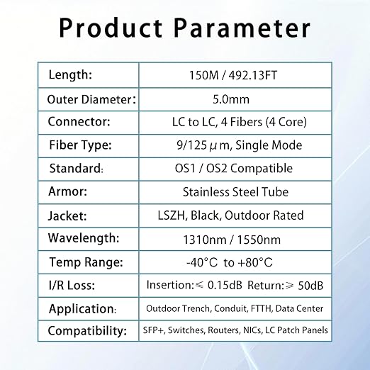 150M/492FT Outdoor Armored LC to LC Fiber Optic Cable, 4 Core OS2 Single Mode - Image 6