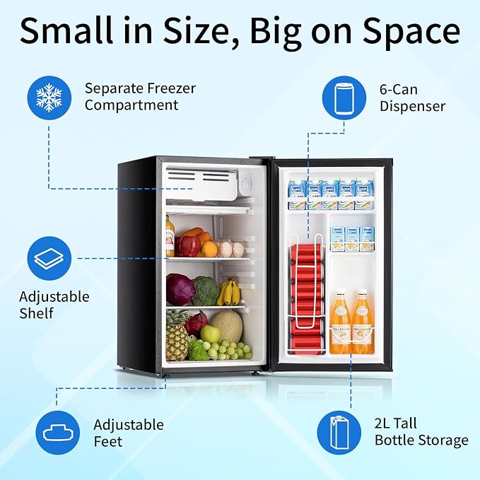 DOGHLY 3.2 Cu.Ft Mini Fridge with Freezer, Single Door Small Refrigerator | Compact Refrigerator with 7 Adjustable Thermostat, Removable Shelf, Low Noise, Small Fridge for Bedroom, Office, Dorm, Black - Image 3