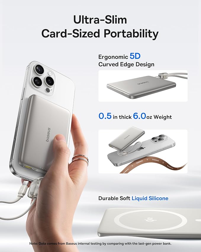 Baseus Picogo Qi2 15W Magsafe Portable Charger, 0.5" Ultra Slim 10000mAh Wireless Power Bank with 27W Built-in USB-C Cable, Magnetic Battery Pack for iPhone 17 Pro Max/17 Pro/Air/16/15/14/13/12 - Image 2