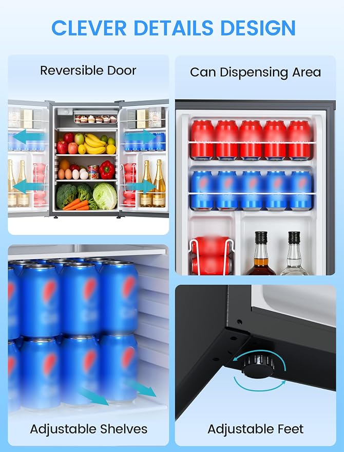 COWSAR 4.5 Cu.Ft Mini Fridge with Freezer for Bedroom Dorm, Black | Single Reversible Door, Adjustable Thermostat, Energy Saving, Removable Glass Shelves, Small Refrigerator for Apartment - Image 5