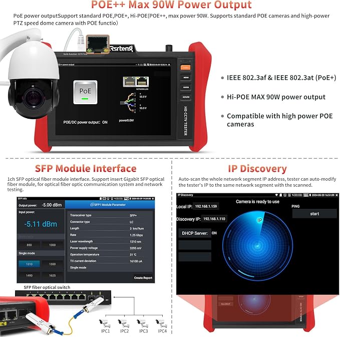 Rsrteng CCTV Tester 4K 12MP IP Camera Tester POE++ Max 90W POE Camera Test 8" - Image 5