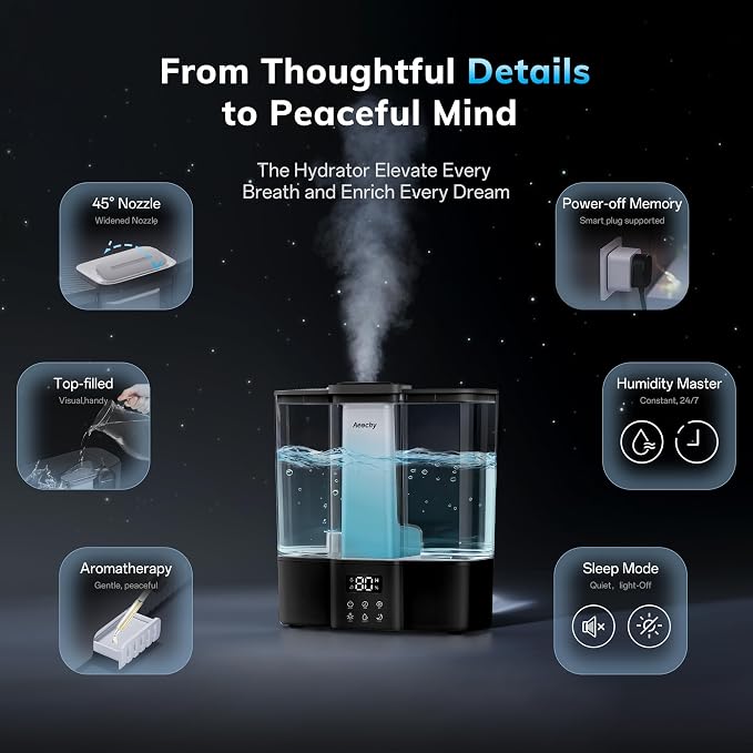 Geek-Level Aeocky Humidifier for Baby, Quiet Ultrasonic Humidifiers for Bedroom, Nursery with Ambient Light, 4L Top-Fill Cool Mist Diffuser with Timer, Sleep, Auto, Constant Humidity Mode (Black) - Image 5