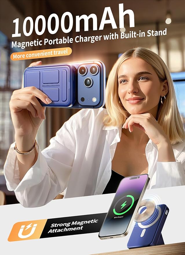 Magnetic Power Bank, 10000mAh Wireless Portable Charger with 20W USB-C Fast Charging, Foldable Stand & LED Display Battery Pack, Compatible with iPhone 16/15/14/13, Dark Blue - Image 2