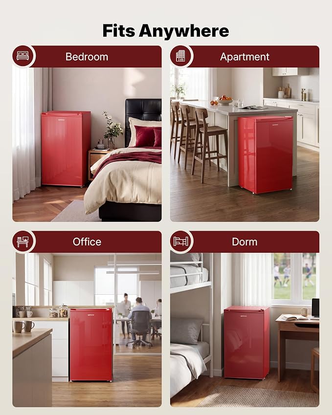 Upstreman 3.2 Cu.Ft Mini Fridge with Freezer, Red-BR321 | Adjustable Thermostat, Energy Saving, Low Noise, Reversible Door, Small Refrigerator for Dorm, Bedroom, Office - Image 8