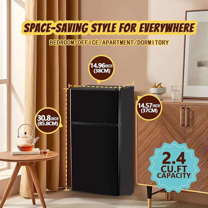 Mini Fridge with Freezer Small Refrigerator Double Door Dorm Fridge for Single Removable Shelves for Bedroom, Office, Dorm Black - Image 6
