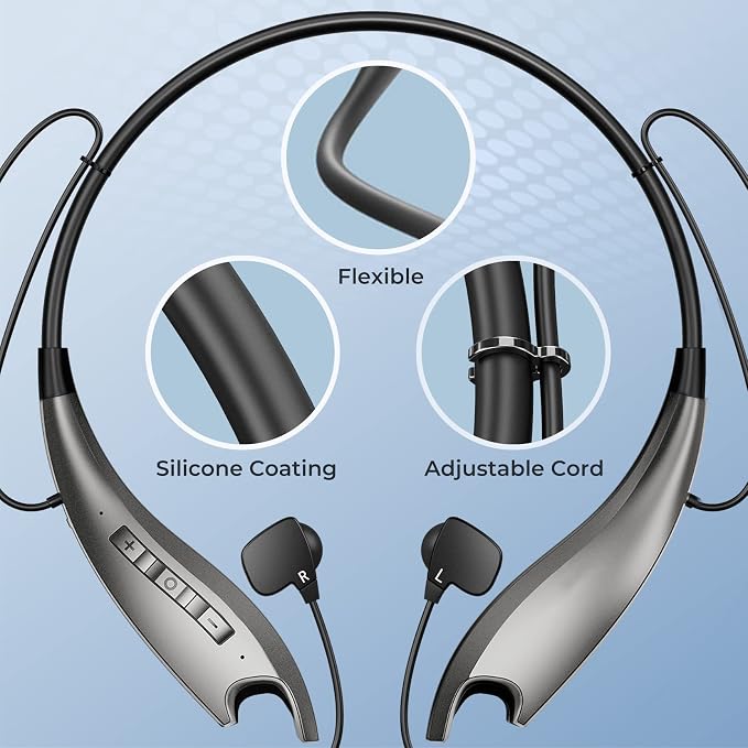 Neckband Bluetooth Headphones, 24H Playtime, Noise Isolation, Silver | Around The Neck Headphones Shark Jaw Design, Bluetooth Headsets with Call Vibration, Earbuds Built-in Mic/IPX7 Waterproof - Image 6
