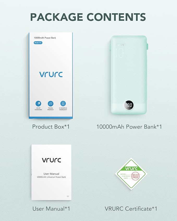 VRURC Portable Charger Built-in Cables and AC Wall Plug, USB C Power Bank 10000mAh, Travel Battery Portable Phone Charger Compact Lightweight External Battery Pack for Smart Phones, Tablets etc-Green - Image 8