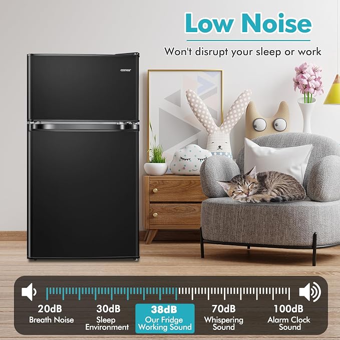 COSTWAY 3.2 Cu.Ft. Mini Fridge with Freezer, 2 Door for Office Bedroom Dorm | Compact Small Refrigerator with Reversible 2 Door, Adjustable Thermostat, Removable Glass Shelves for Food & Drink, Black - Image 9