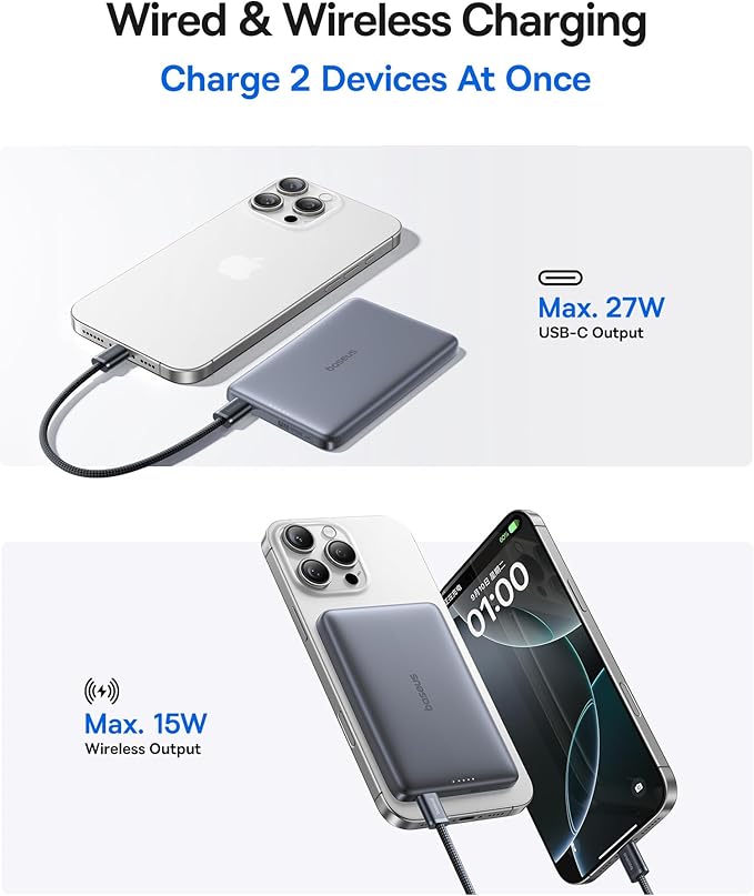 Baseus Picogo Magsafe Portable Charger, Qi2 15W 0.5" Ultra Slim 10000mAh Wireless Power Bank, 27W Fast Charging Magnetic Battery Pack with USB-C for iPhone 17 Pro Max/17 Pro/Air/16/15/14/13/12 - Image 5