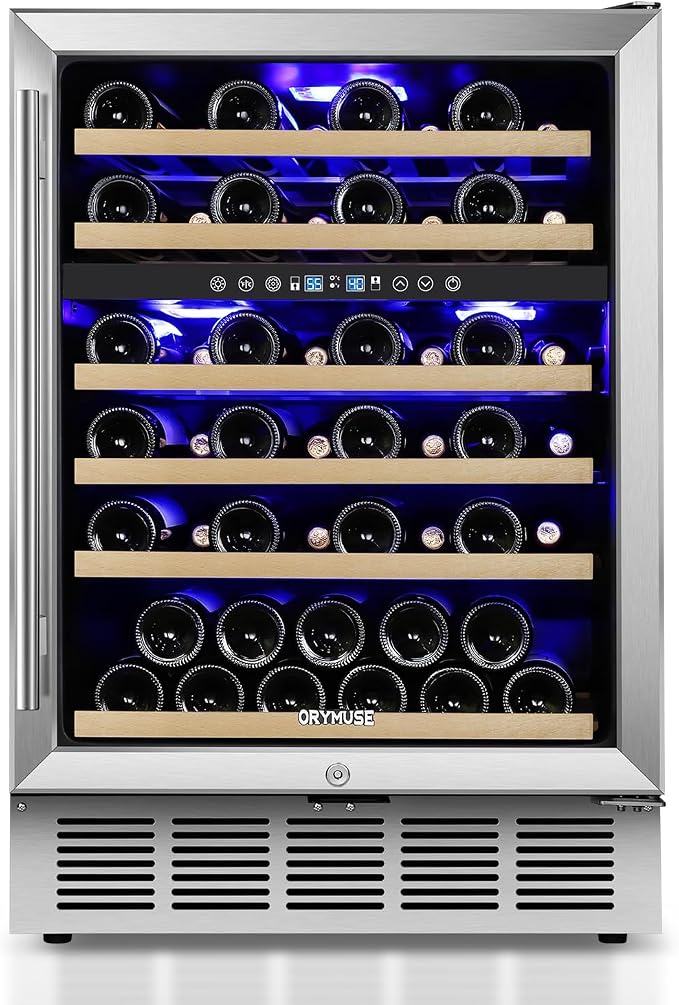 24 Inch Wine Cooler Refrigerator, 52 Bottle Dual Zone Wine Fridge with Stainless Steel Glass Door, Adjustable Shelves, Upgraded Compressor, Built-In Freestanding for Home, Bar, Kitchen by ORYMUSE