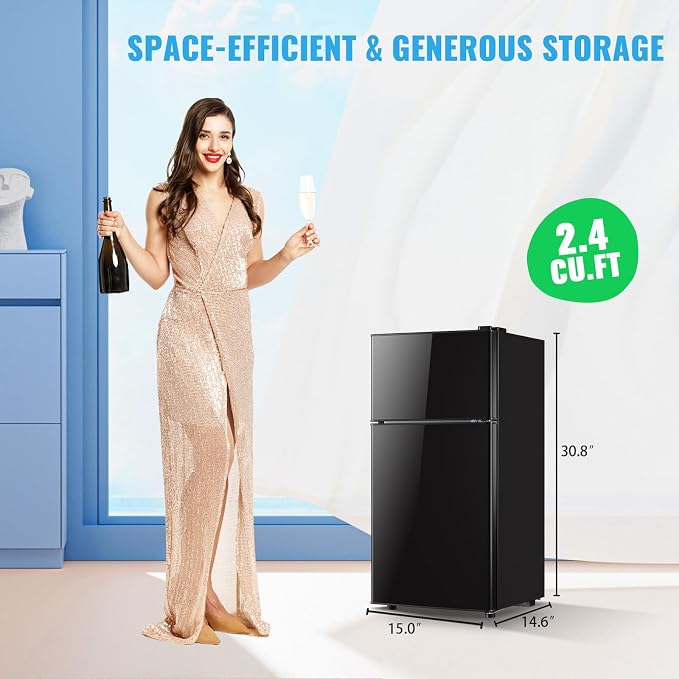 45L Mini Fridge with Freezer & Double Door Small Size Tiny Refrigerator with 7 Temperature Control Knob Only Suitable for One Person Use Black - Image 3