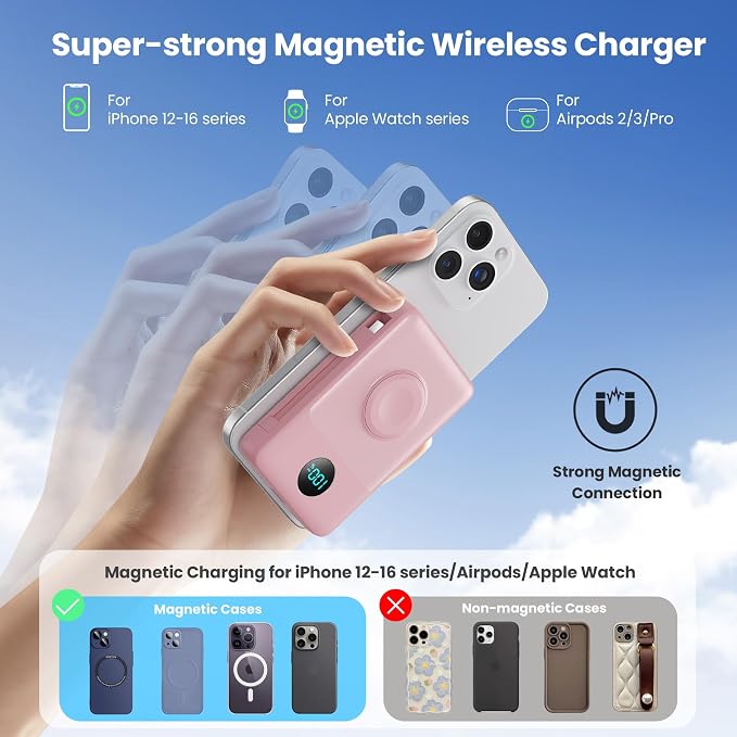 Magnetic Portable Charger for MagSafe with Built-in Cable,iWatch Charger,10800mAh Wireless Power Bank Travel Essentials,25W PD Fast Charging Battery Pack for iPhone 17/16/15/14/13/12,Apple Watch-Pink - Image 6