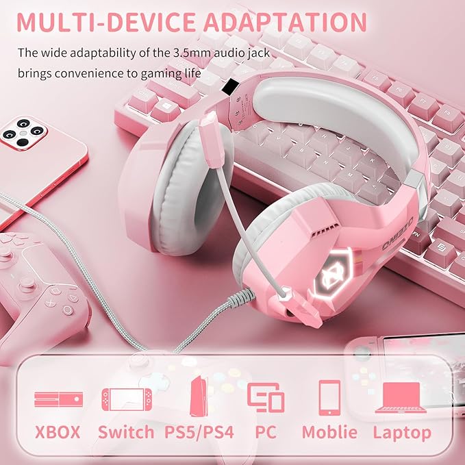 Ozeino Gaming Headset for PC, Ps4, Ps5, Xbox Headset with 7.1 Surround Sound, Gaming Headphones with Noise Cancelling Mic RGB Light Over Ear Headphones for Xbox Series X/S, Switch-Pink - Image 5