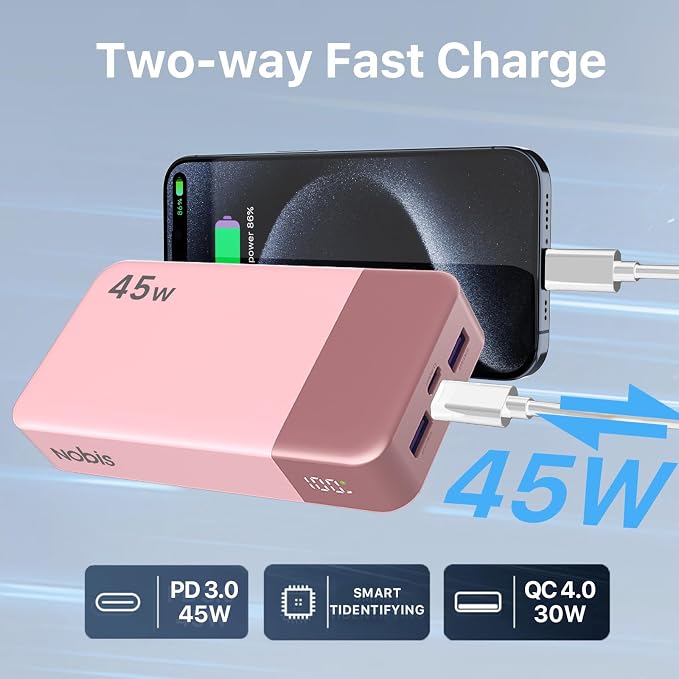 NOBIS Portable Charger, 20000mAh Power Bank, 45W Power Bank Fast Charging, Battery Pack with C to C Cable, Battery Bank with Digital Display for Phone Android Laptop etc (Pink) - Image 5
