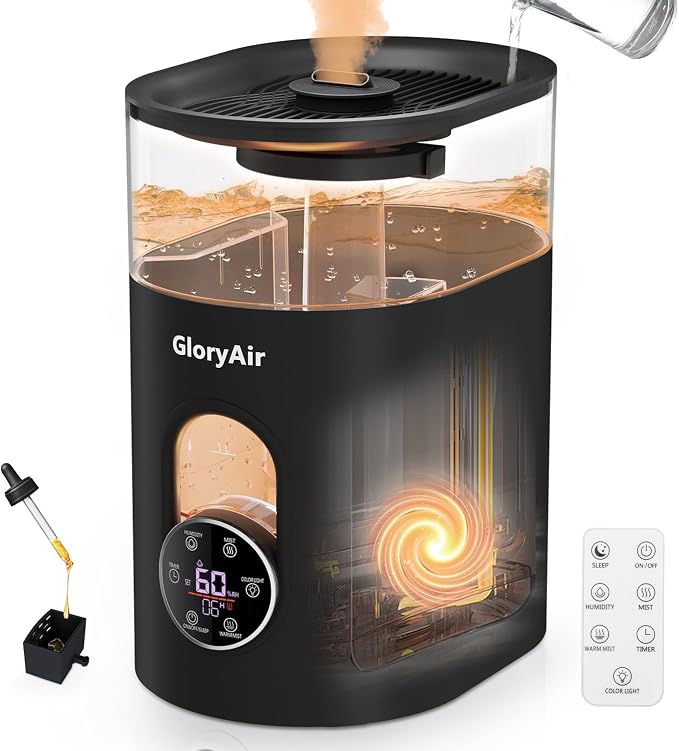 Warm & Cool Mist Humidifier - GloryAir Black 6L Quiet Top Fill Humidifiers for Bedroom Large Room with Smart Humidity Control, Remote Control, 7-Color Light, Humidistat, Oil Diffuser for Baby & Plants by PeaceCozinessComfortable