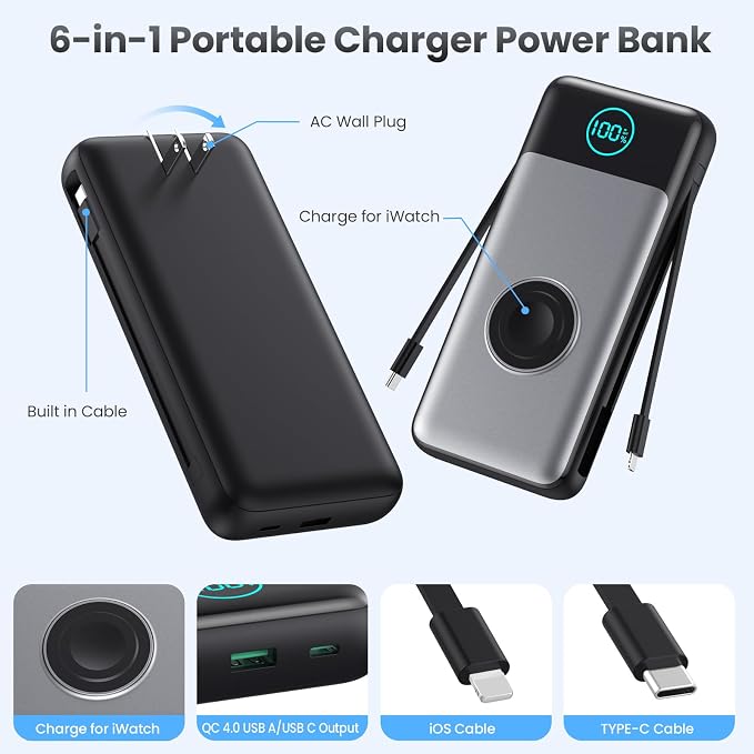 FOCHEW Portable Charger for iPhone with Built-in Cables and AC Wall Plug,26800mah Fast Charging USB C Power Bank,25W PD Travel Essential Battery Pack for iPhone 17/16/15/14/13/12,Galaxy,Apple Watch - Image 2