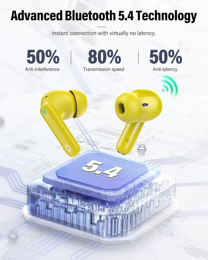 Wireless Earbuds, Bluetooth 5.4 Headphones Bass Stereo/Clear Calls, Yellow | Ear Buds with Noise Cancelling Mic LED Display in Ear Earphones IP7 Waterproof 36H Bluetooth Earbuds for Phones/Sport/Laptop - Image 4