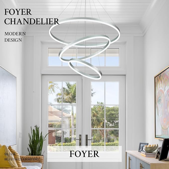 3-Rings Modern LED Chandelier Silver, Dimmable Pendant Lighting - Image 7