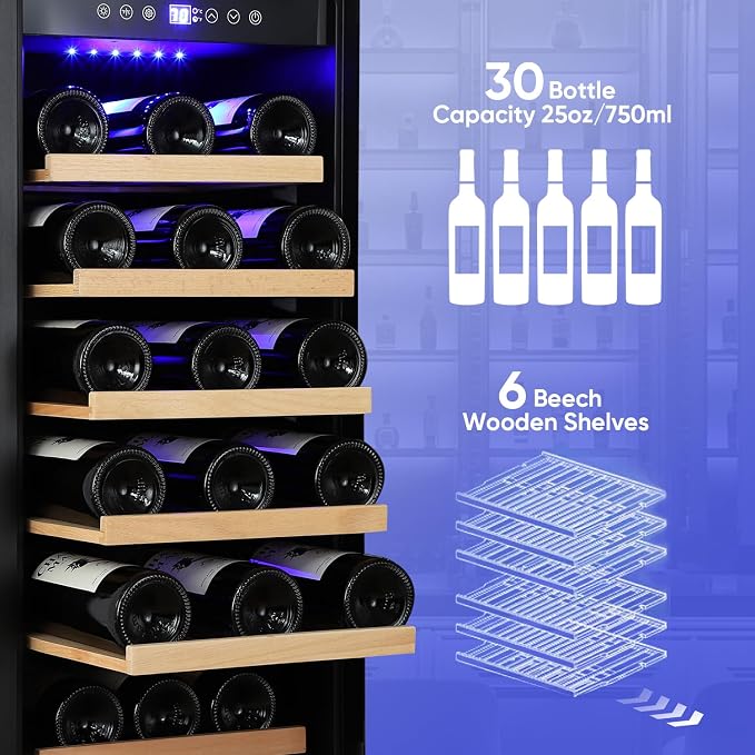 15 Inch Wine Cooler Under Counter, 30 Bottle Wine Fridge with Stainless Steel Glass Door, Built-In or Freestanding Wine Cellar with Removable Shelves and Digital Temperature Control - Image 2