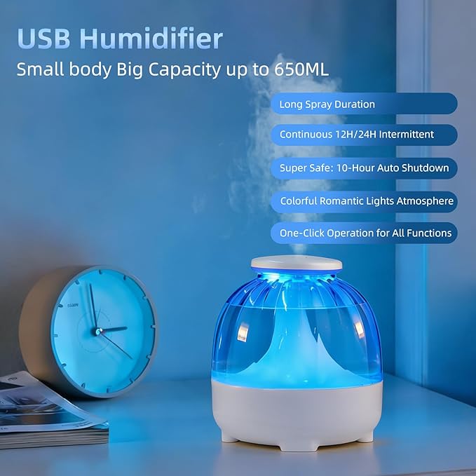 650ml USB Humidifiers for Bedroom Cool Mist Humidifier Quiet Air Humidifiers USB humidifiers for Living Room Home Office,2 Mist Modes,Night Light White - Image 2