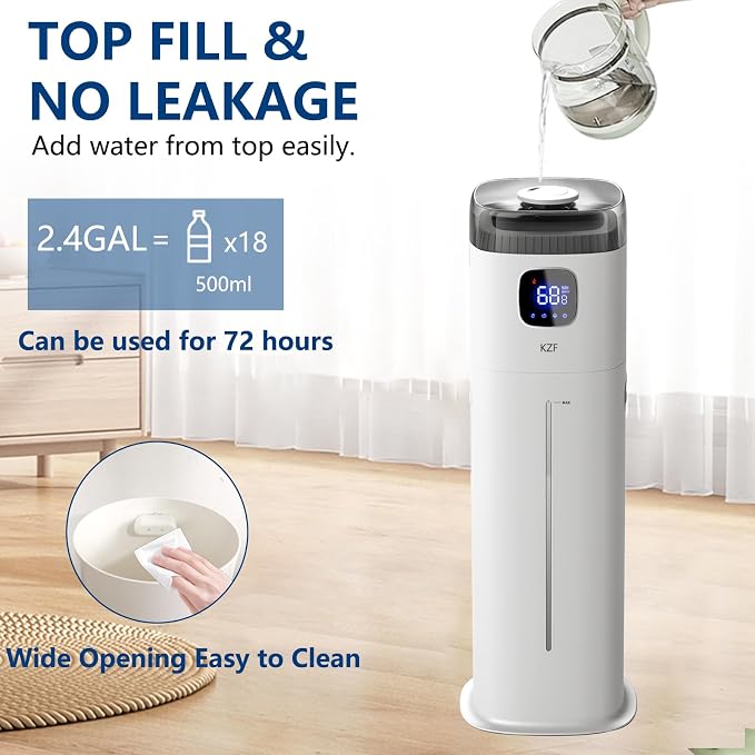 Large Humidifier for Bedroom, 9L/2.5Gallon Ultrasonic Cool Mist Humidifier with Humidistat, 360°Nozzle, 350ML/H Big Mist Level, Suitable for Kids Room Livingroom Yoga Office Plant，White - Image 4