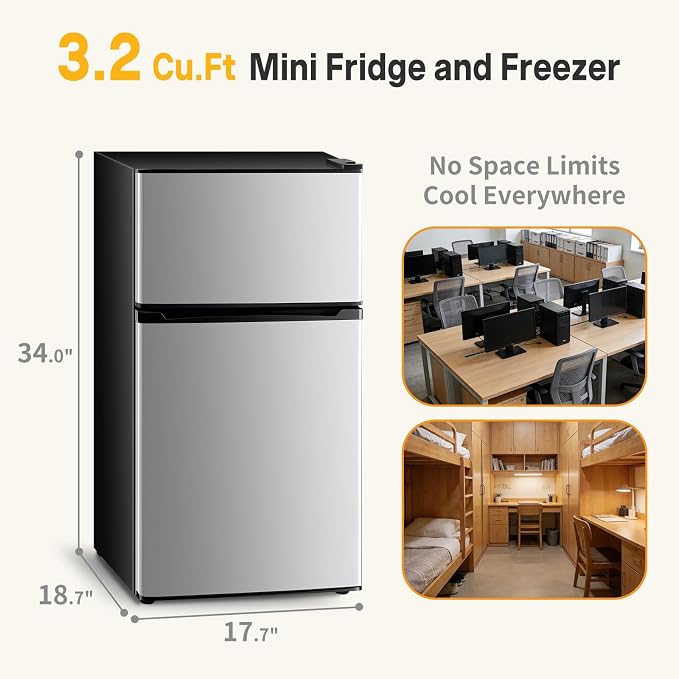 NEWBULIG Mini Fridge with Freezer 3.2 Cu.Ft Small Refrigerator for Office, Dorm, Small Fridge with Adjustable Thermostat, Energy Saving, Dual Door, Sliver - Image 4