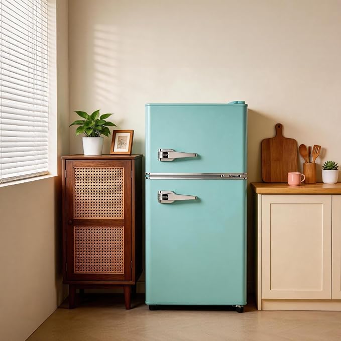Mini Fridge with Freezer, 3.2 Cu.Ft Retro Double Door Refrigerator with 7 Level Thermostat, Adjustable Removable Glass Shelves for Bedroom Office Apartment Dorm Bar (RETRO BLUE, 3.2 Cu.Ft.) - Image 7