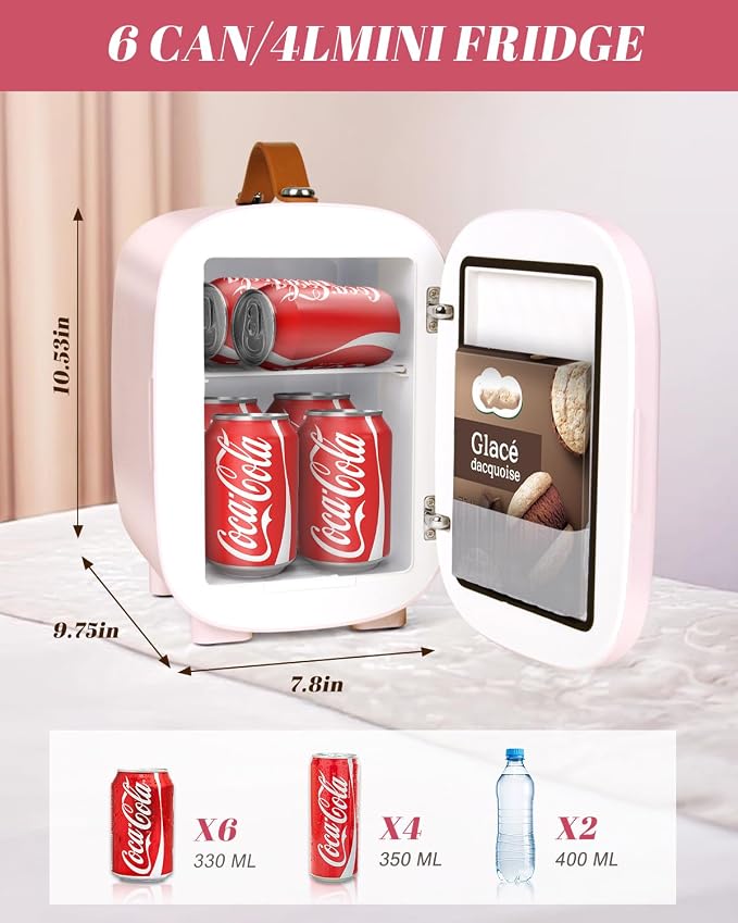 Mini Fridge for Bedroom, 4 Liter/6 Can Skincare Fridge With LED Mirror & Leather Carrying Handle,12v AC/DC Cooler & Warmer Portable Small Refrigerator for Drinks, Makeup, Dorm, Office and Car(Pink) - Image 2