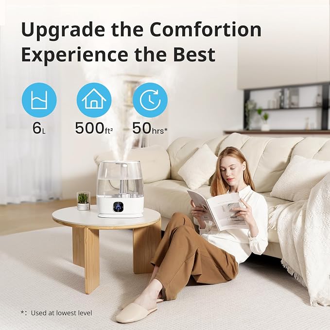 Humidifiers for Bedroom Home, 6L Cool and Warm Mist Air Humidifier for Large Room Baby Nursery, 50H Easy Clean and Top Fill, Quiet with Ultrasonic, Essential Oils, Auto Mode, for House, Plants - Image 3