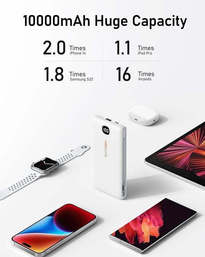 VEEKTOMX Portable Charger with Built in Cables 10000mAh, Power Bank for iPhone with AC Wall Plug, Fast Charging USB C Slim Battery Pack with LED Display Compatible with iPhone 17/16/15/14, Samsung - Image 6