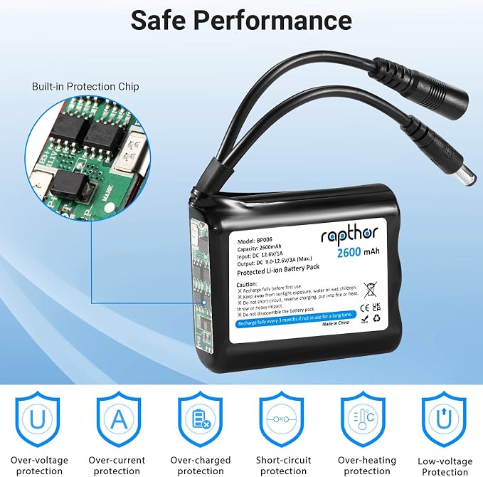 rapthor Rechargeable 12V 2600mAh Lithium ion Battery Pack with Charger Compatible with 12V Devices, Bike Light, DIY Project, Radio, Fishing Light,LED Light Strip, CCTV Camera - Image 5
