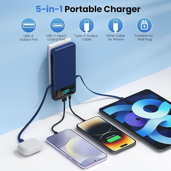 Portable Charger for iPhone,13800mAh Slim Power Bank with Built-in Cables & AC Wall Plug,All in One 4 Outputs USB C Fast Charging Battery Pack Travel Essential for iPhone 17/16/15/14,Android (Blue) - Image 4