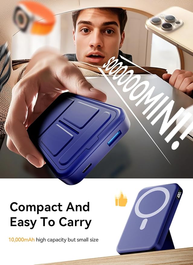 Magnetic Power Bank, 10000mAh Wireless Portable Charger with 20W USB-C Fast Charging, Foldable Stand & LED Display Battery Pack, Compatible with iPhone 16/15/14/13, Dark Blue - Image 5