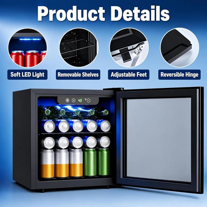 COWSAR Beverage Refrigerator, 50 Cans Wine Cooler, ETL Approved 1.3 Cu.ft Mini Fridge with Glass Door, Adjustable Shelves, Digital Temperature Freestanding Small Drink Fridge for Soda Beer or Wine - Image 3