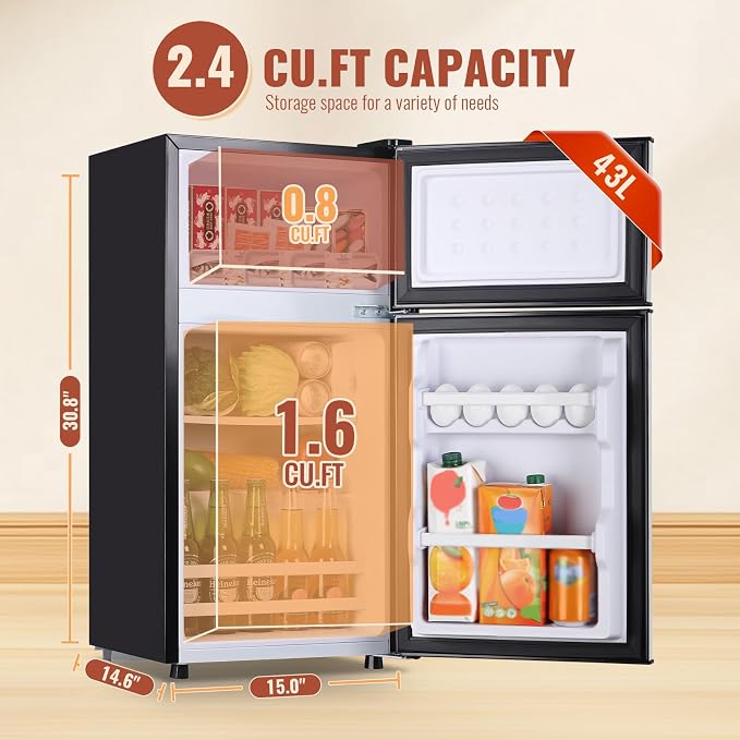 45L Mini Fridge with Double Doors Silver Small Refrigerator with Separate Freezer & 7 Adjustable Temperature Control, Tiny Size & Personal Fridge Ideal for Office Apartment Dorm - Image 3