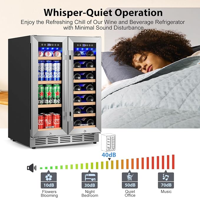 24 Inch Dual Zone Wine and Beverage Refrigerator, Built-in or Freestanding Cooler with French Doors, Under Counter Drink Fridge with Upgraded Compressor for Beer, Wine, and Soda - Image 4