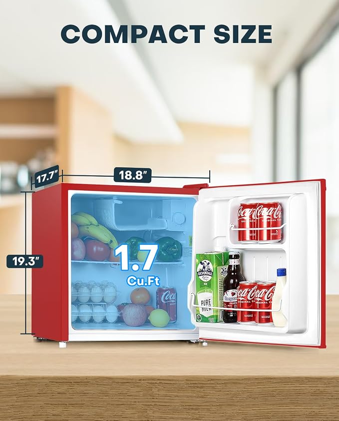 Upstreman 1.7 Cu.ft Mini Fridge with Freezer, Red-FR17 | Dorm Essentials, Adjustable Thermostat, Energy Saving, Low Noise, Compact Refrigerator for Dorm, Office, Bedroom - Image 2
