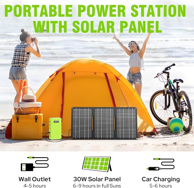 powkey 24000mAh/65W Solar Generator 30W with Panels Included, 88Wh Portable Power Station with AC Outlet, Lithium Battery Rechargeable Powered Bank with 110V AC Outlet for Emergency (Green+Black) - Image 2