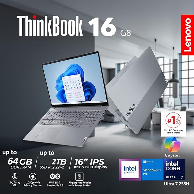 Lenovo ThinkBook 16 Gen 8 Laptop, Intel Core Ultra 7, 32GB DDR5, 1TB SSD | 16" laptop, fingerprint security, Win 11 Pro, DDR5 memory, SSD storage, ideal for business professionals - Image 2