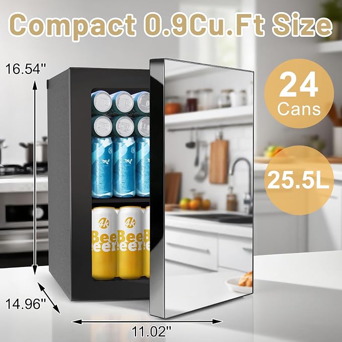 24Can/0.9Cu.Ft Mini Fridge with Mirror, 7 Temp Control | Compact Small refrigerator with Removable Shelf, Personal Cooler for Bedroom, Dorm, Office and Beverage Beauty Storage - Image 2
