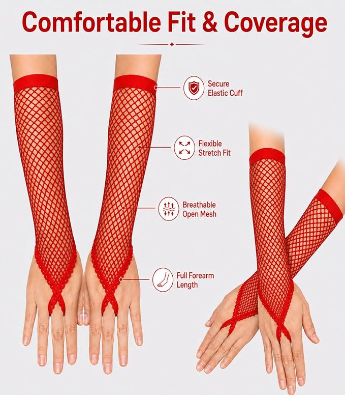 Seeksmile Women's Girls 80's Theme Party Emo Fingerless Arm Fishnet Gloves - Image 3