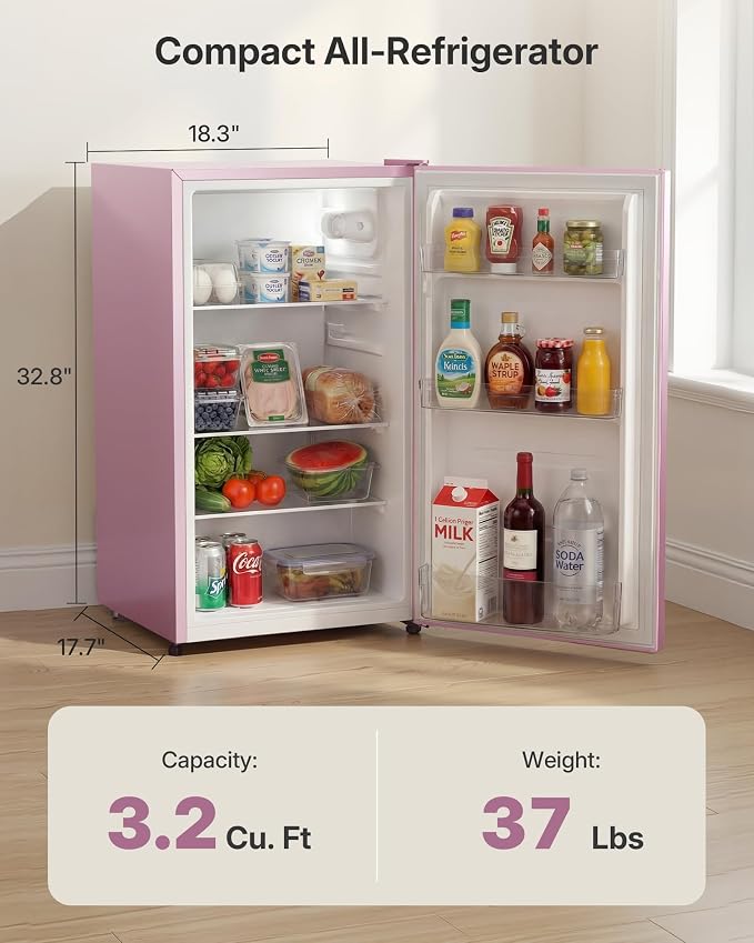 Upstreman 3.2 Cu.Ft All-Refrigerator Mini Fridge, Pink-CR32 | Petal Pink Finish, 7-Level Thermostat, ENERGY STAR Certified, Reversible Door, Small Fridge for Office, Bedroom or Dorm - Image 2