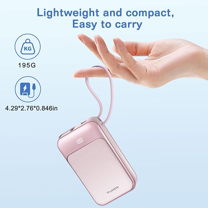 Magnetic Power Bank 10000mAh, Wireless Portable Charger with 15W Max Fast Charging & Built-in USB-C Cable, 22.5W PD LED Display Battery Pack Compatible with iPhone 17/16/15, Samsung Galaxy(pink) - Image 4