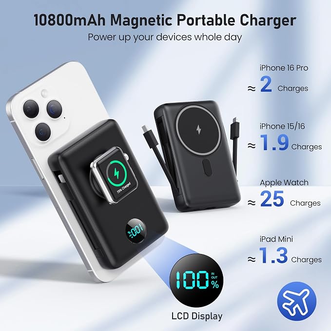 Magnetic Portable Charger for MagSafe with Built-in Cable, iWatch Charger,10800mAh Wireless Power Bank Travel Essentials,25W PD Fast Charging Battery Pack for iPhone 17/16/15/14/13 Series,Apple Watch - Image 2