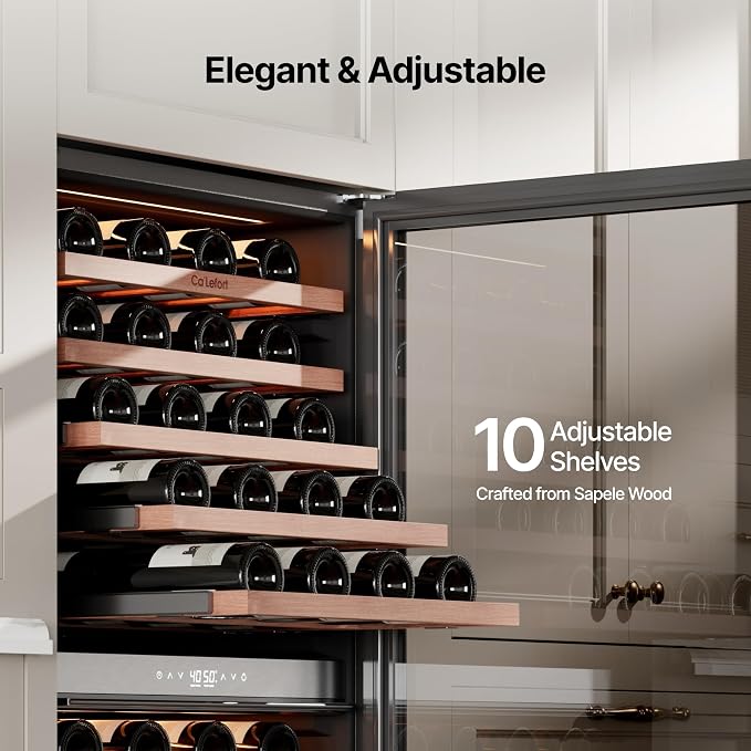 Ca'Lefort 24 Inch Dual Zone Wine Fridge, 90 Bottle Built-In Wine Cooler | 55-Inch Tall Wine Cellar, Quiet Inverter Compressor, Precise 40-65°F Temperature Control, Glide-Out Shelves & Storage Drawer - Image 5