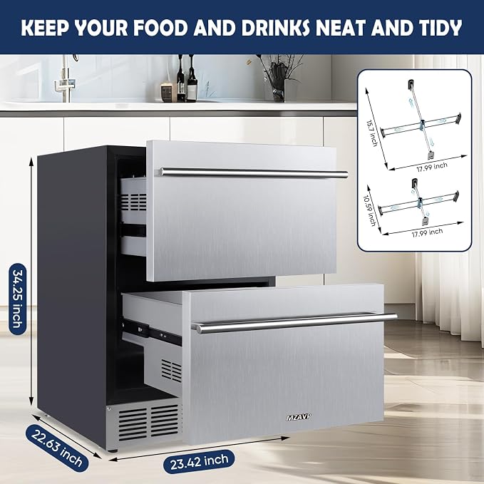 24 Inch Double Drawer Fridge, Stainless Steel Outdoor Beverage Refrigerator for Patio and Kitchen, Freestanding or Built-In, Mobile Grid Organizer, Home and Commercial Use - Image 7